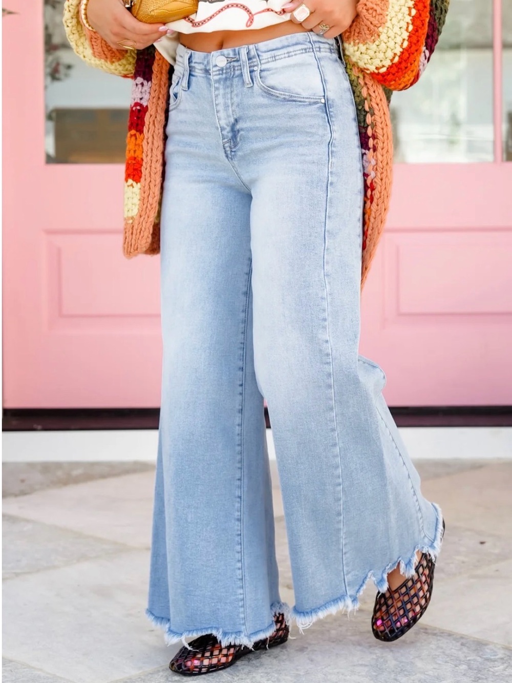 Risen Women's Light Blue Wide-Leg Multiple Inseam Frayed Hem Jeans